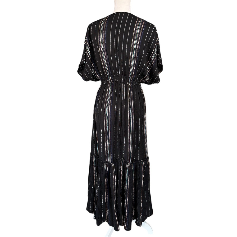 Elan Black Metallic Striped Boho Maxi Dress Small V-Neck Tiered Ruffle CTS5750 - Picture 4 of 9